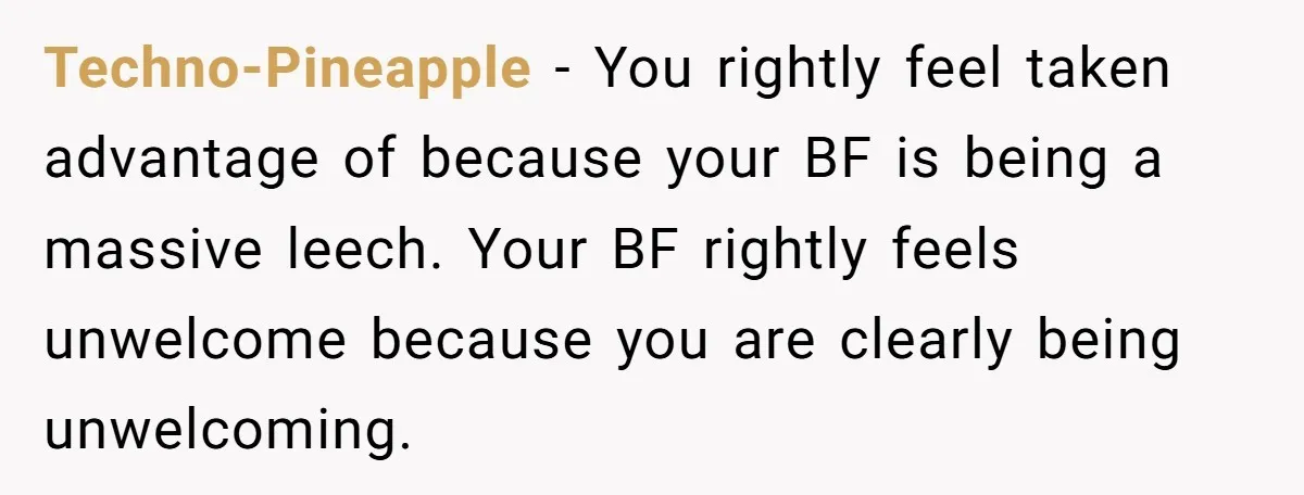Techno-Pineapple − You rightly feel taken advantage of because your BF is being a massive leech. Your BF rightly feels unwelcome because you are clearly being unwelcoming.