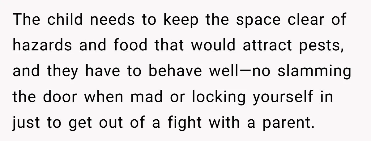The child needs to keep the space clear of hazards and food that would attract pests, and they have to behave well—no slamming the door when mad or locking yourself...
