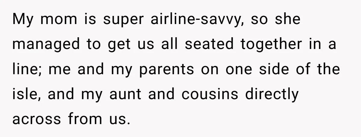 My mom is super airline-savvy, so she managed to get us all seated together in a line; me and my parents on one side of the isle, and my aunt...