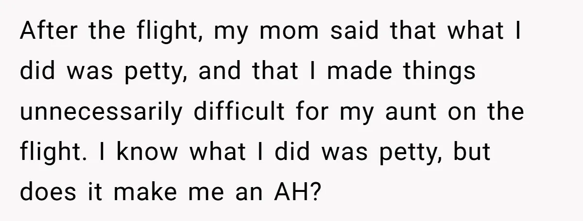 After the flight, my mom said that what I did was petty, and that I made things unnecessarily difficult for my aunt on the flight. I know what I did...