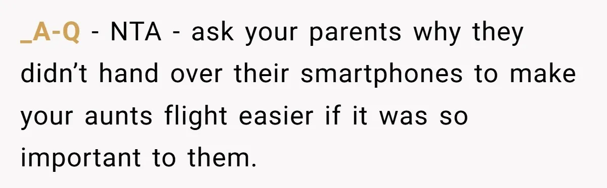 _A-Q − NTA - ask your parents why they didn’t hand over their smartphones to make your aunts flight easier if it was so important to them.