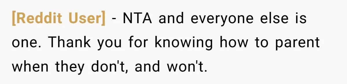 [Reddit User] − NTA and everyone else is one. Thank you for knowing how to parent when they don't, and won't.