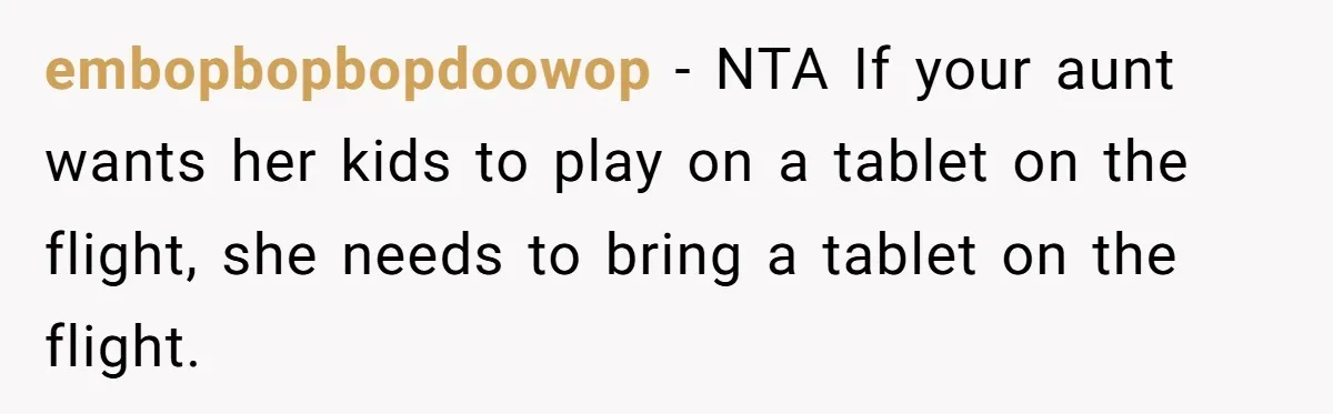 embopbopbopdoowop − NTA If your aunt wants her kids to play on a tablet on the flight, she needs to bring a tablet on the flight.