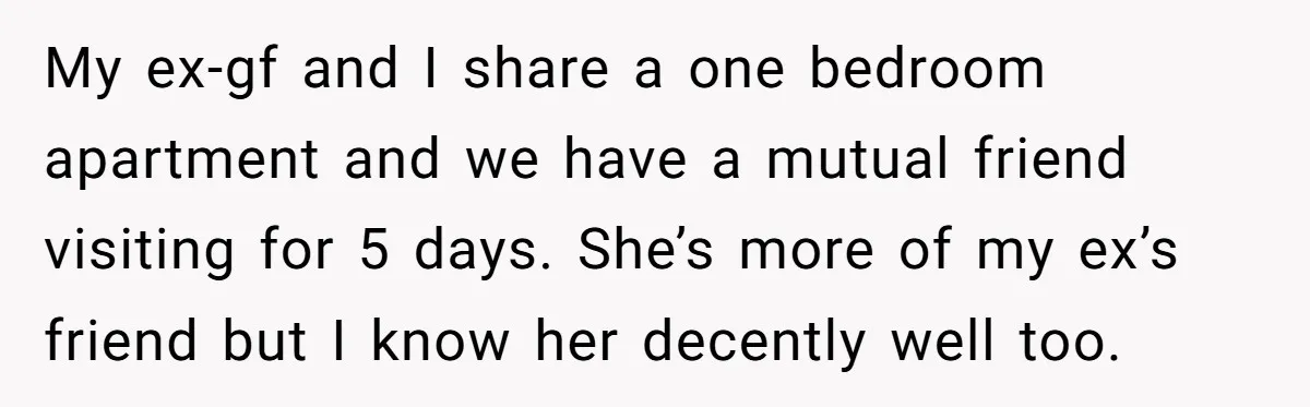 My ex-gf and I share a one bedroom apartment and we have a mutual friend visiting for 5 days. She’s more of my ex’s friend but I know her decently...