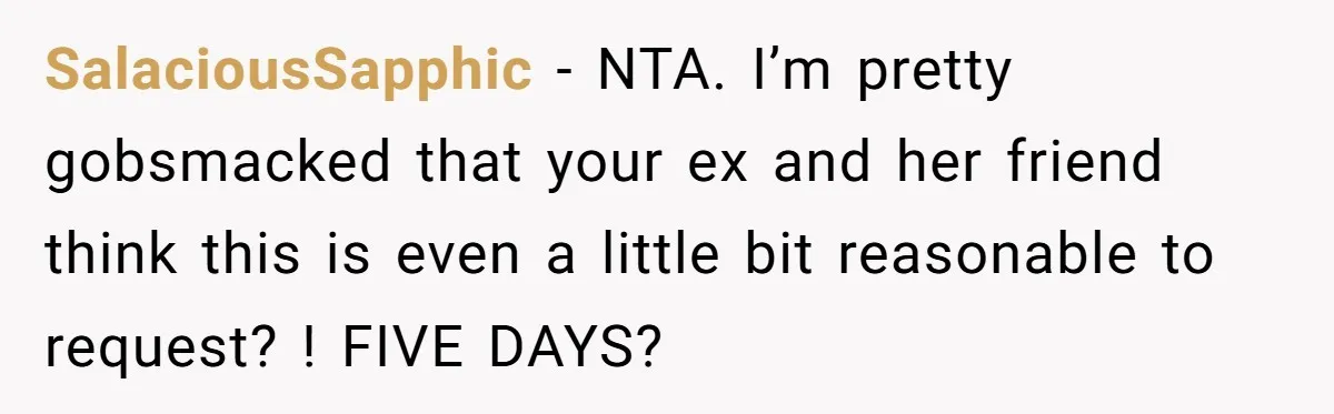 SalaciousSapphic − NTA. I’m pretty gobsmacked that your ex and her friend think this is even a little bit reasonable to request? ! FIVE DAYS?