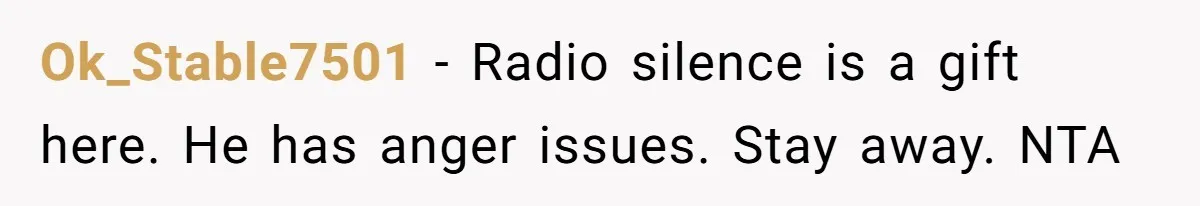 Ok_Stable7501 - Radio silence is a gift here. He has anger issues. Stay away. NTA