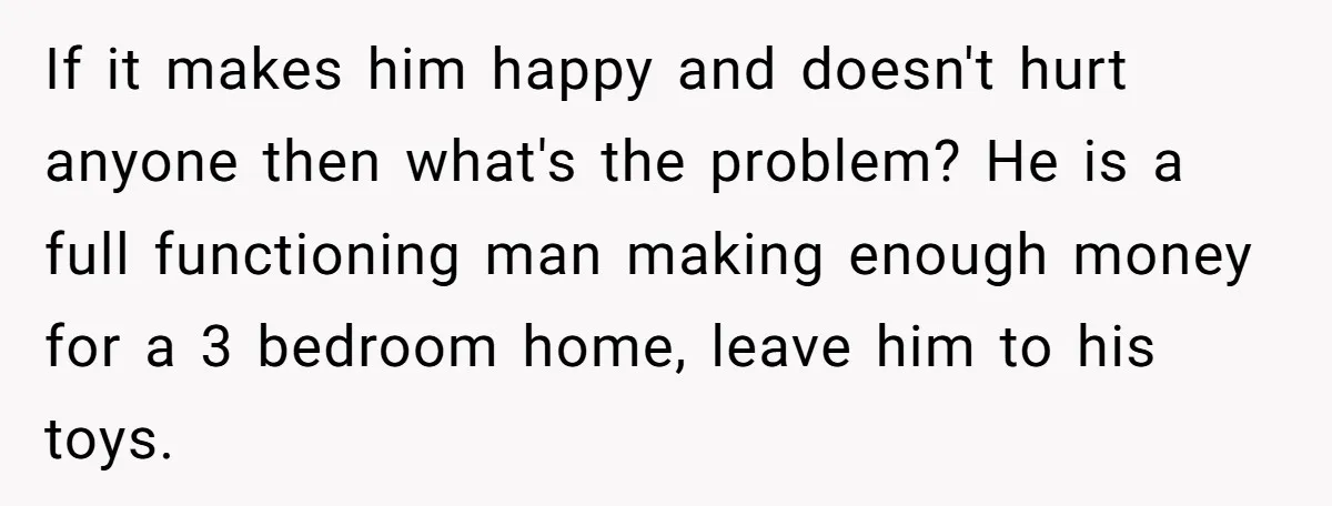 If it makes him happy and doesn't hurt anyone then what's the problem? He is a full functioning man making enough money for a 3 bedroom home, leave him to...