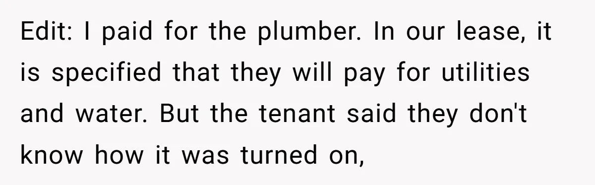Edit: I paid for the plumber. In our lease, it is specified that they will pay for utilities and water. But the tenant said they don't know how it was...