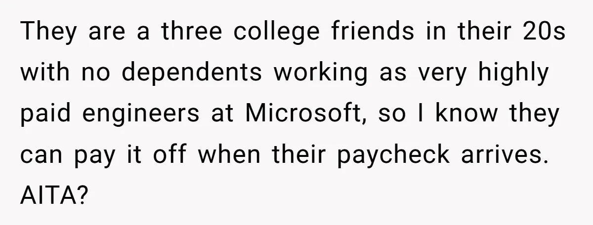 They are a three college friends in their 20s with no dependents working as very highly paid engineers at Microsoft, so I know they can pay it off when their...