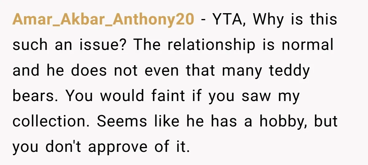 Amar_Akbar_Anthony20 − YTA, Why is this such an issue? The relationship is normal and he does not even that many teddy bears. You would faint if you saw my collection....