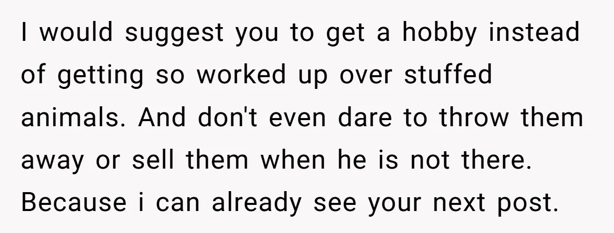 I would suggest you to get a hobby instead of getting so worked up over stuffed animals. And don't even dare to throw them away or sell them when he...