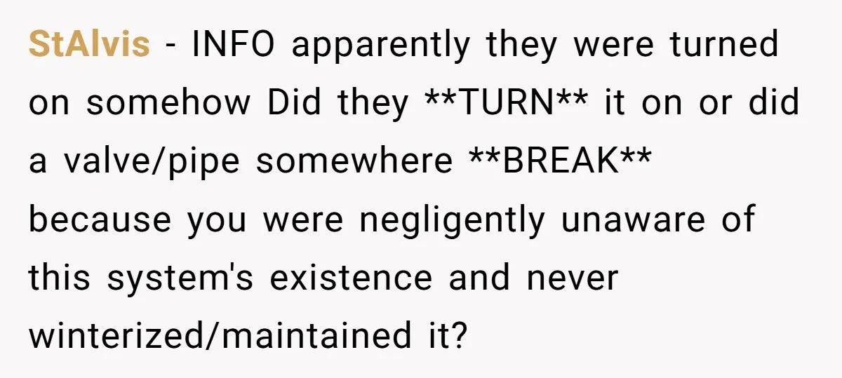 StAlvis − INFO apparently they were turned on somehow Did they **TURN** it on or did a valve/pipe somewhere **BREAK** because you were negligently unaware of this system's existence and...