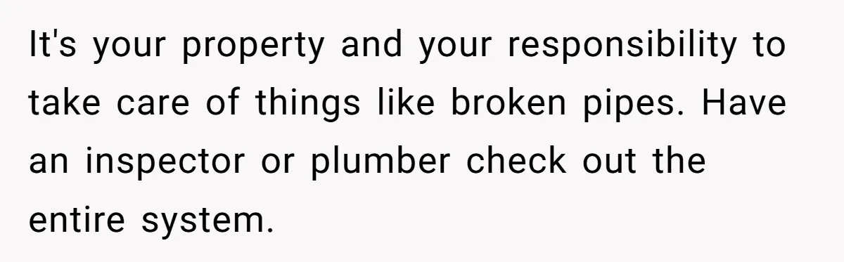 It's your property and your responsibility to take care of things like broken pipes. Have an inspector or plumber check out the entire system.