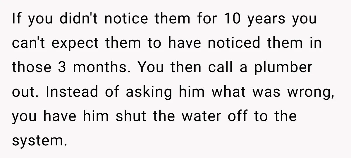 If you didn't notice them for 10 years you can't expect them to have noticed them in those 3 months. You then call a plumber out. Instead of asking him...