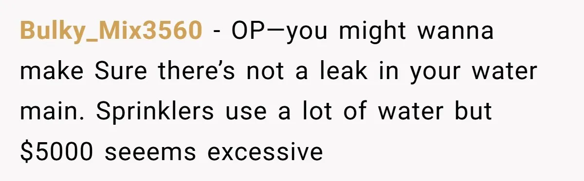 Bulky_Mix3560 − OP—you might wanna make Sure there’s not a leak in your water main. Sprinklers use a lot of water but $5000 seeems excessive