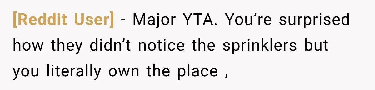 [Reddit User] − Major YTA. You’re surprised how they didn’t notice the sprinklers but you literally own the place ,