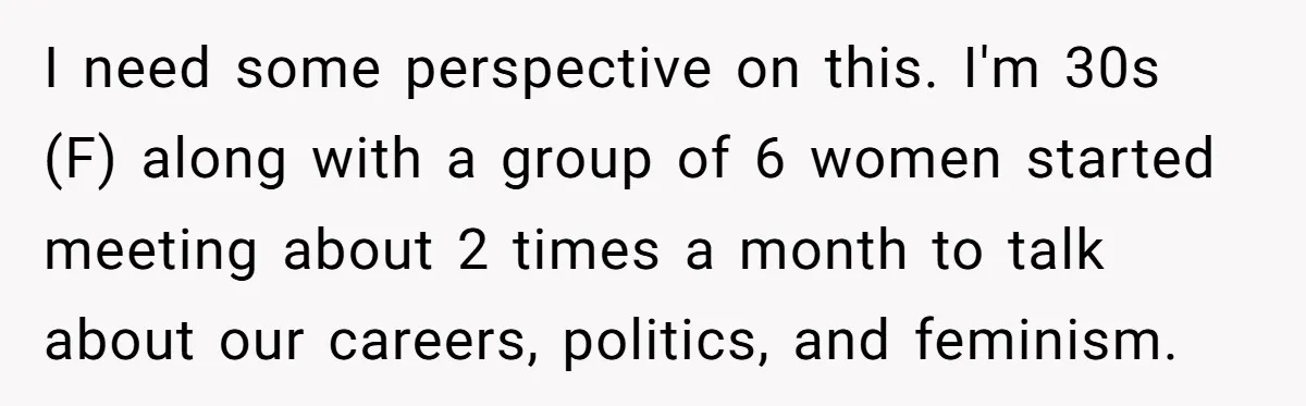 I need some perspective on this. I'm 30s (F) along with a group of 6 women started meeting about 2 times a month to talk about our careers, politics, and...