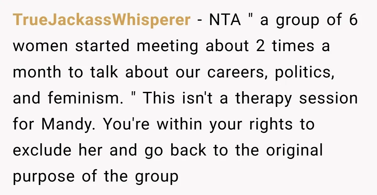 TrueJackassWhisperer − NTA " a group of 6 women started meeting about 2 times a month to talk about our careers, politics, and feminism. " This isn't a therapy session...