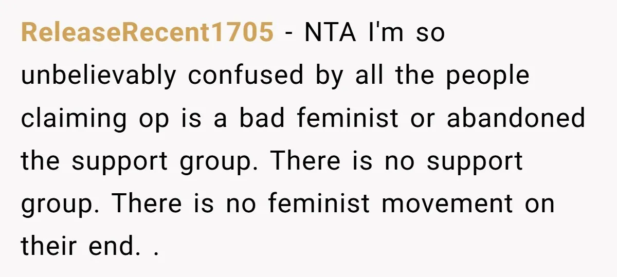 ReleaseRecent1705 − NTA I'm so unbelievably confused by all the people claiming op is a bad feminist or abandoned the support group. There is no support group. There is no...