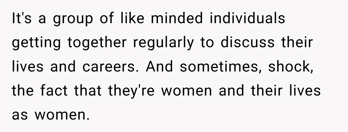 It's a group of like minded individuals getting together regularly to discuss their lives and careers. And sometimes, shock, the fact that they're women and their lives as women.