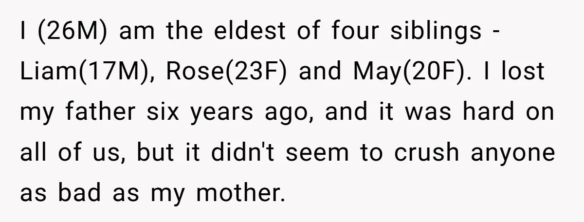 I (26M) am the eldest of four siblings - Liam(17M), Rose(23F) and May(20F). I lost my father six years ago, and it was hard on all of us, but it...
