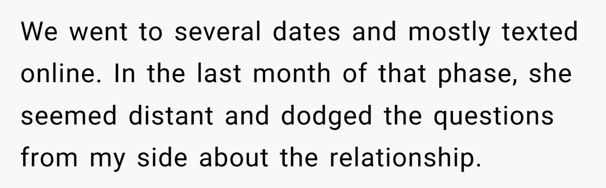 We went to several dates and mostly texted online. In the last month of that phase, she seemed distant and dodged the questions from my side about the relationship.
