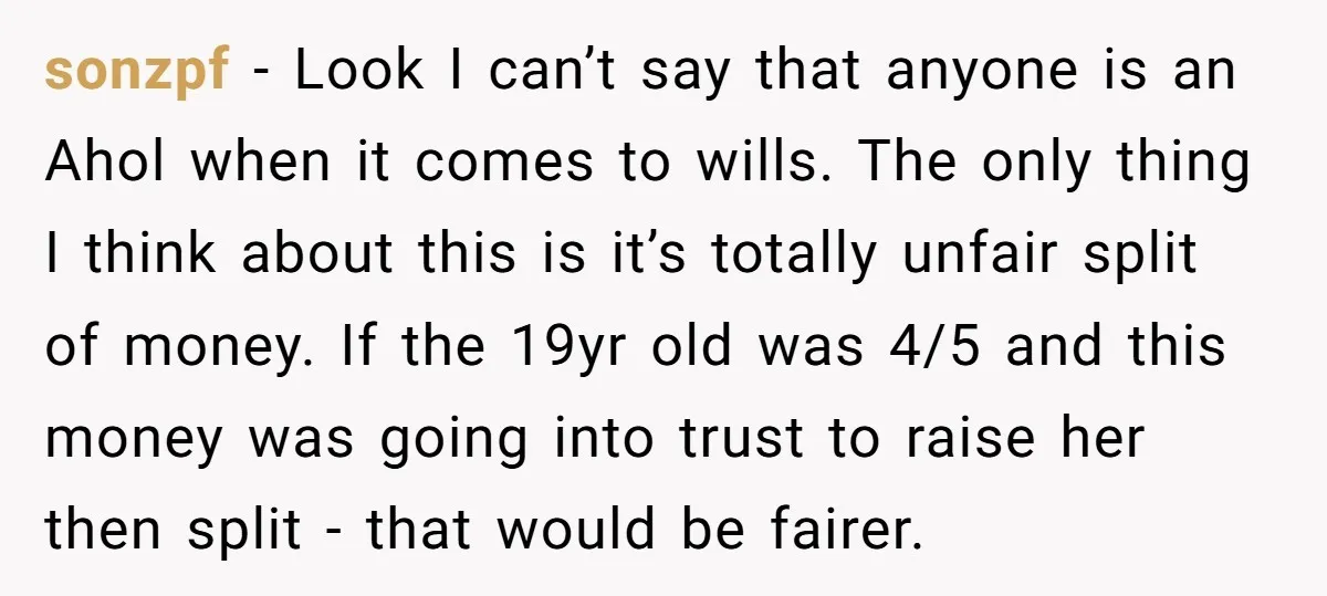 sonzpf − Look I can’t say that anyone is an Ahol when it comes to wills. The only thing I think about this is it’s totally unfair split of money....