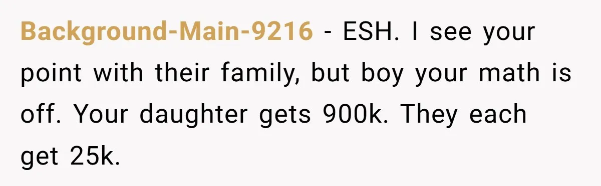 Background-Main-9216 − ESH. I see your point with their family, but boy your math is off. Your daughter gets 900k. They each get 25k.