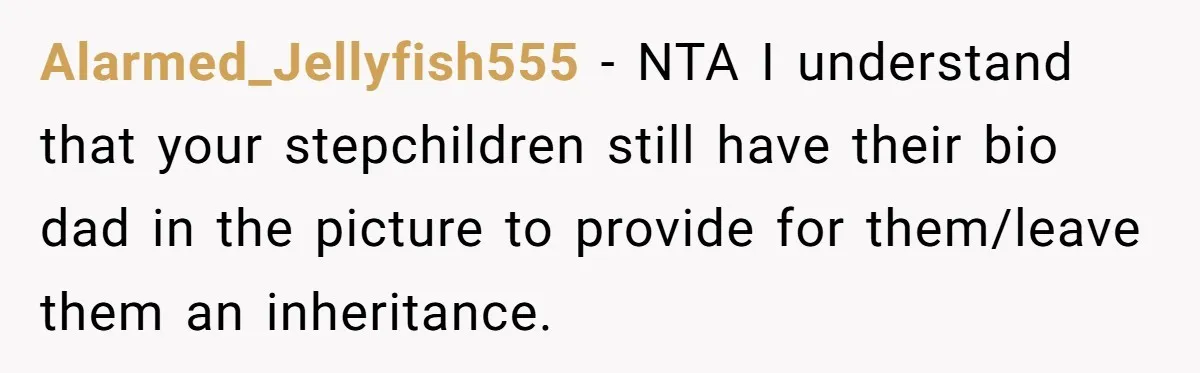 Alarmed_Jellyfish555 − NTA I understand that your stepchildren still have their bio dad in the picture to provide for them/leave them an inheritance.