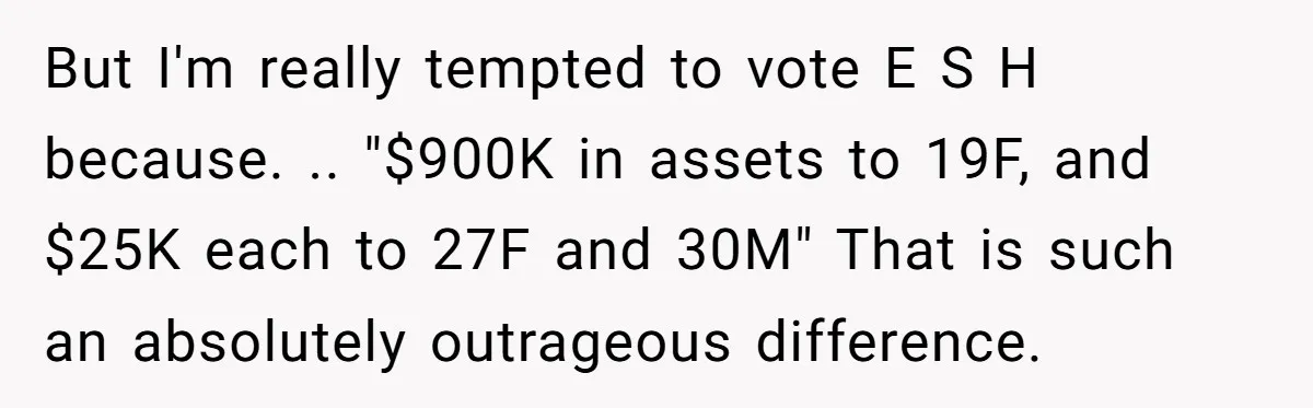 But I'm really tempted to vote E S H because. .. "$900K in assets to 19F, and $25K each to 27F and 30M" That is such an absolutely outrageous difference.