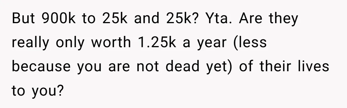 But 900k to 25k and 25k? Yta. Are they really only worth 1.25k a year (less because you are not dead yet) of their lives to you?