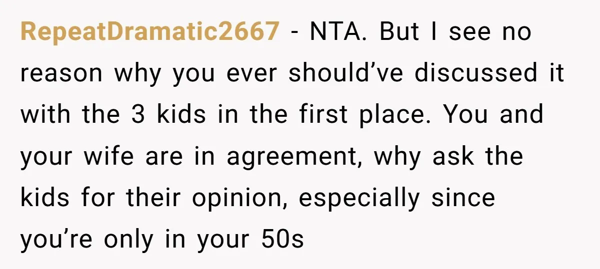 RepeatDramatic2667 − NTA. But I see no reason why you ever should’ve discussed it with the 3 kids in the first place. You and your wife are in agreement, why...