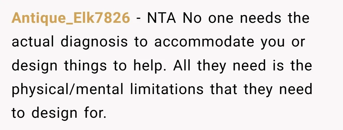 Antique_Elk7826 − NTA No one needs the actual diagnosis to accommodate you or design things to help. All they need is the physical/mental limitations that they need to design for.