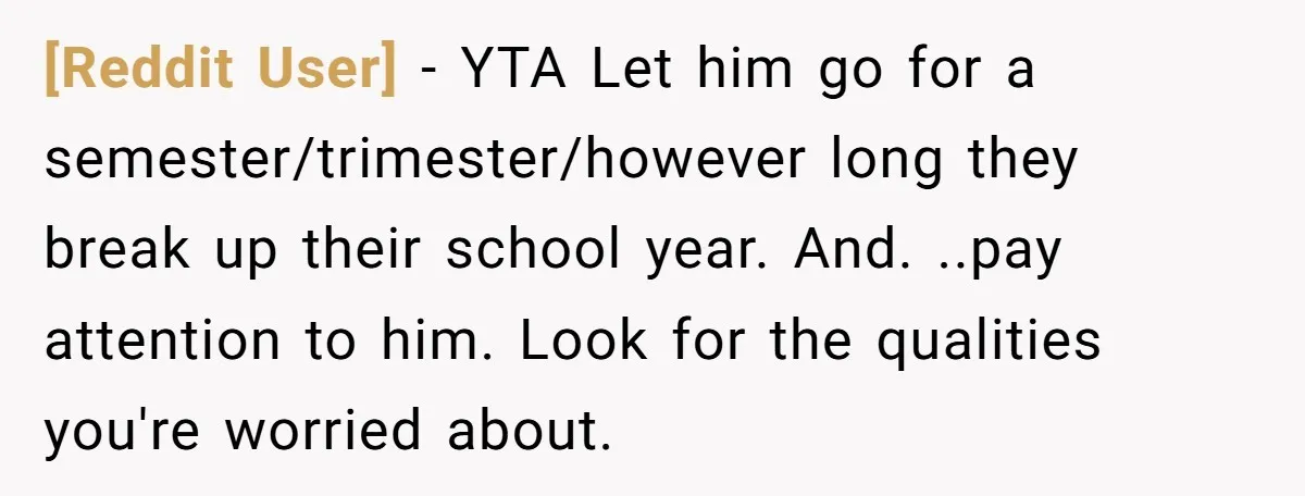 [Reddit User] − YTA Let him go for a semester/trimester/however long they break up their school year. And. ..pay attention to him. Look for the qualities you're worried about.