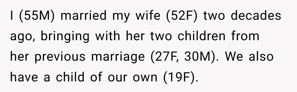I (55M) married my wife (52F) two decades ago, bringing with her two children from her previous marriage (27F, 30M). We also have a child of our own (19F).