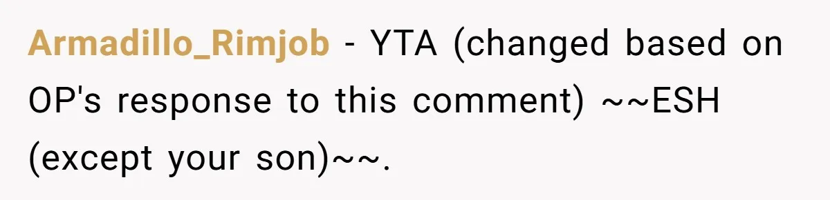 Armadillo_Rimjob − YTA (changed based on OP's response to this comment) ~~ESH (except your son)~~.