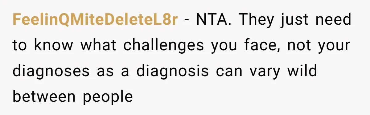FeelinQMiteDeleteL8r − NTA. They just need to know what challenges you face, not your diagnoses as a diagnosis can vary wild between people
