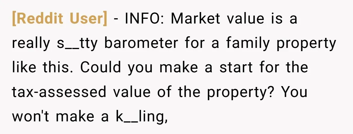 [Reddit User] − INFO: Market value is a really s__tty barometer for a family property like this. Could you make a start for the tax-assessed value of the property? You...