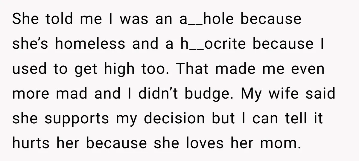She told me I was an a__hole because she’s homeless and a h__ocrite because I used to get high too. That made me even more mad and I didn’t budge....