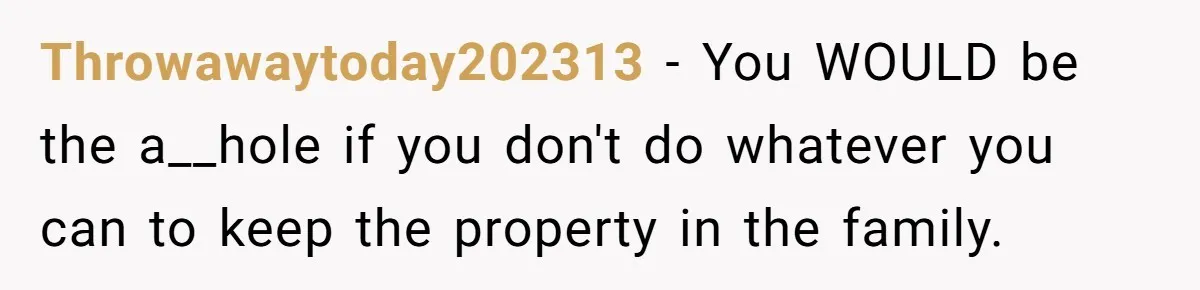 Throwawaytoday202313 − You WOULD be the a__hole if you don't do whatever you can to keep the property in the family.