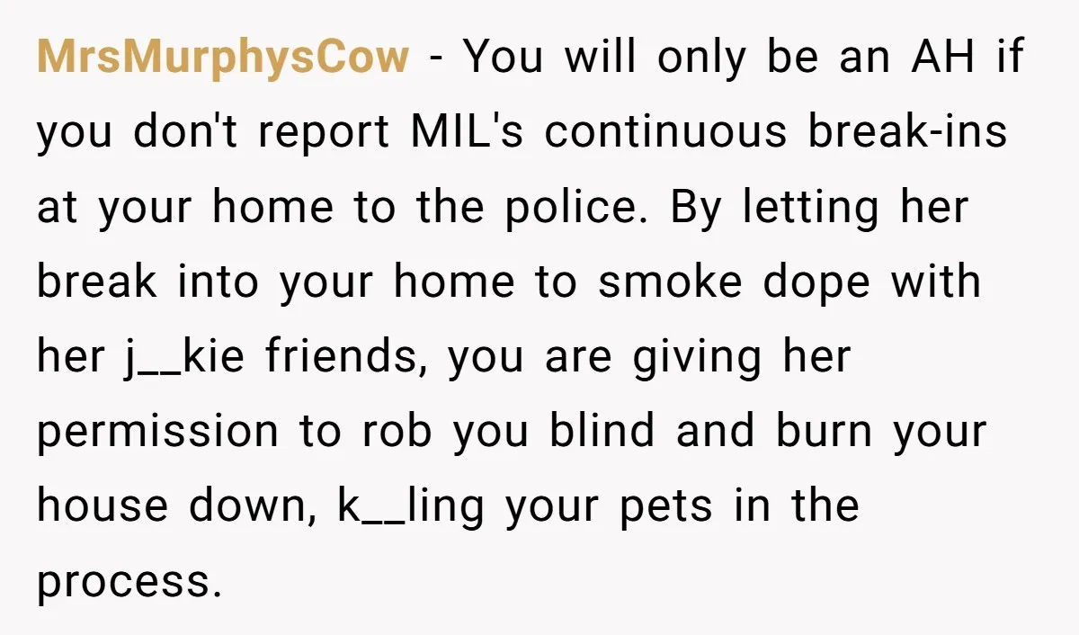 MrsMurphysCow − You will only be an AH if you don't report MIL's continuous break-ins at your home to the police. By letting her break into your home to smoke...