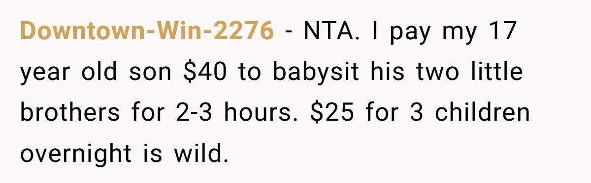 Downtown-Win-2276 − NTA. I pay my 17 year old son $40 to babysit his two little brothers for 2-3 hours. $25 for 3 children overnight is wild.
