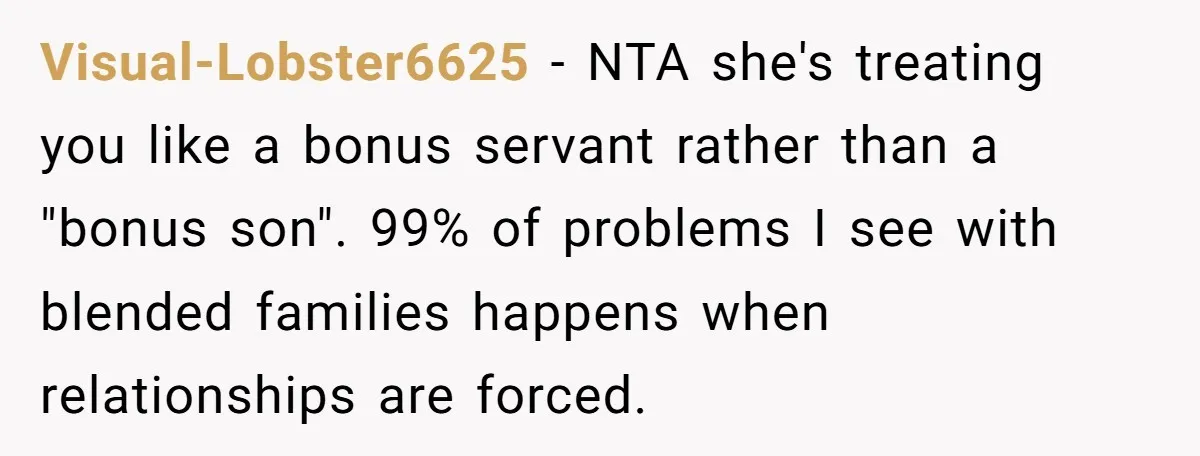 Visual-Lobster6625 − NTA she's treating you like a bonus servant rather than a "bonus son". 99% of problems I see with blended families happens when relationships are forced.