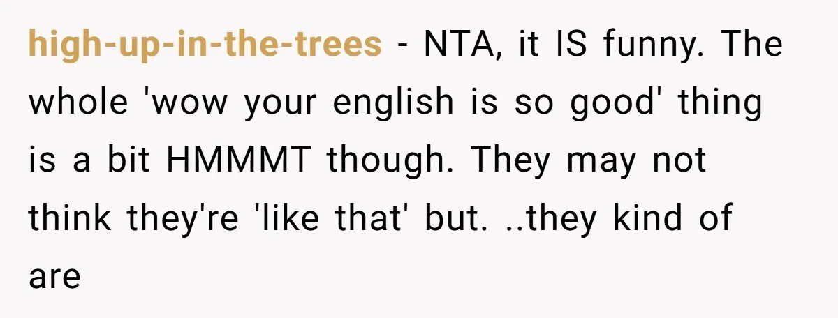 high-up-in-the-trees − NTA, it IS funny. The whole 'wow your english is so good' thing is a bit HMMMT though. They may not think they're 'like that' but. ..they kind...