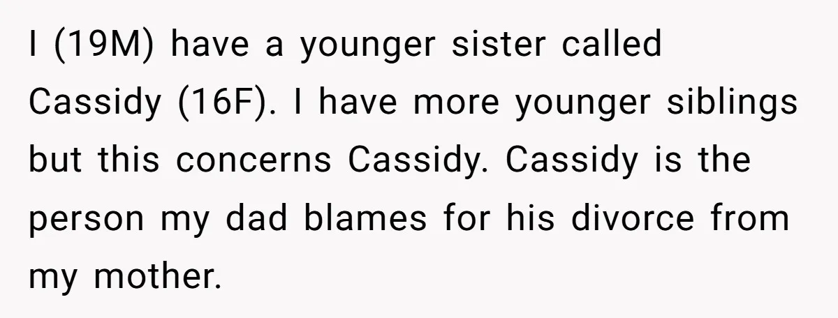 I (19M) have a younger sister called Cassidy (16F). I have more younger siblings but this concerns Cassidy. Cassidy is the person my dad blames for his divorce from my...