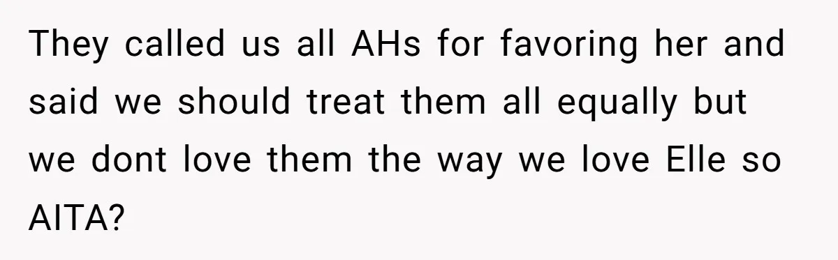 They called us all AHs for favoring her and said we should treat them all equally but we dont love them the way we love Elle so AITA?