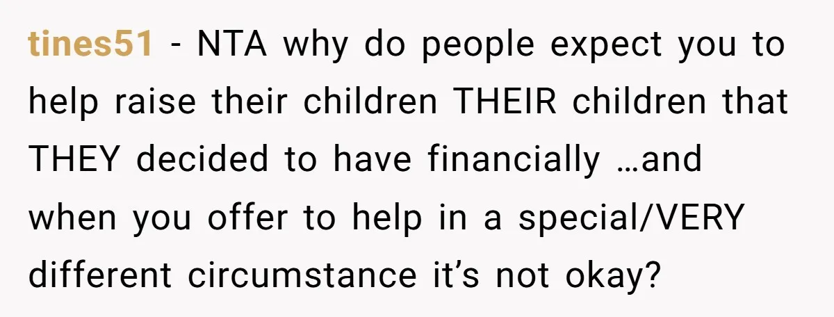 tines51 − NTA why do people expect you to help raise their children THEIR children that THEY decided to have financially …and when you offer to help in a special/VERY...