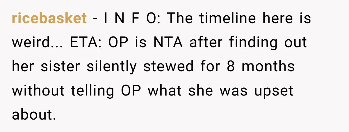 ricebasket - I N F O: The timeline here is weird... ETA: OP is NTA after finding out her sister silently stewed for 8 months without telling OP what she...