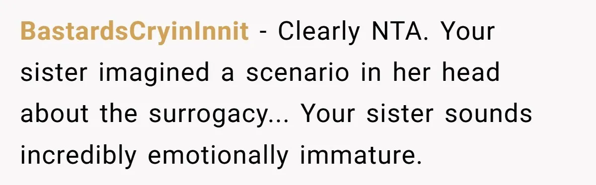 BastardsCryinInnit - Clearly NTA. Your sister imagined a scenario in her head about the surrogacy... Your sister sounds incredibly emotionally immature.