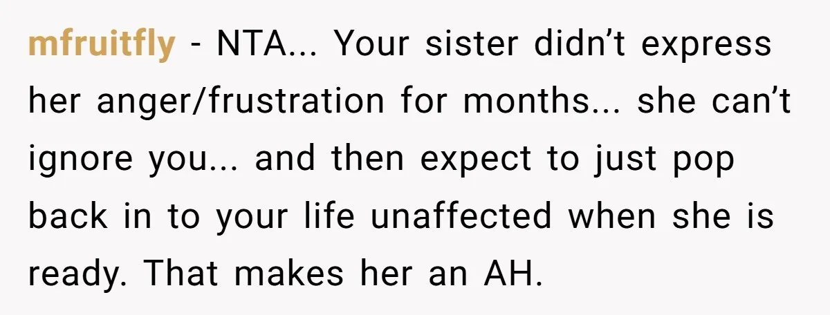 mfruitfly - NTA... Your sister didn’t express her anger/frustration for months... she can’t ignore you... and then expect to just pop back in to your life unaffected when she is...